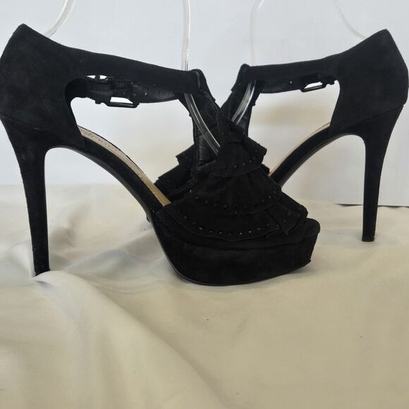 Gianni Bini Aimee Black Suede Women 9.5M Rhinestone Ruffle Top Open Toe Heels - Picture 4 of 9